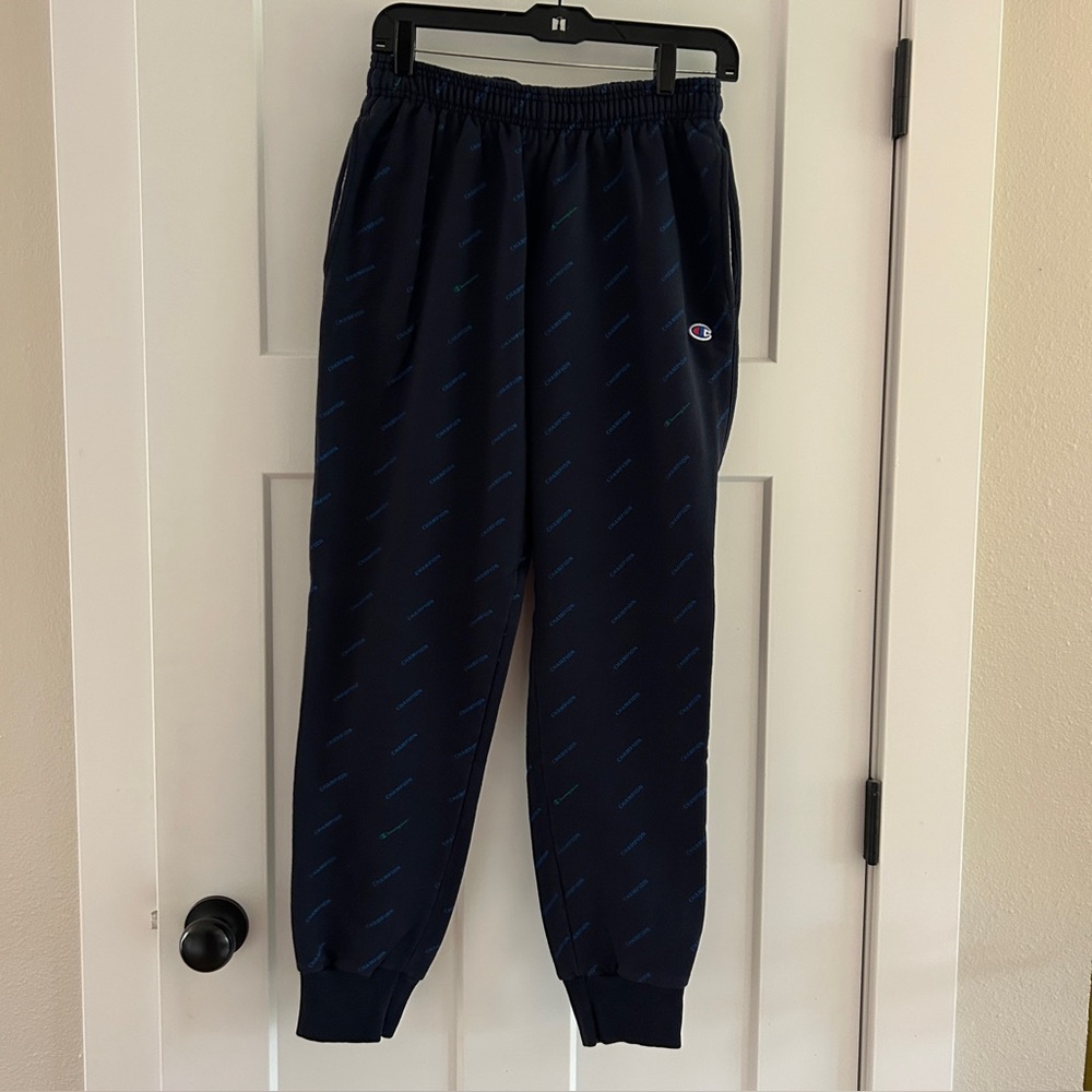 Champion Logo Pattern Jogger Sweatpants, Navy‎ Blue, Size Medium